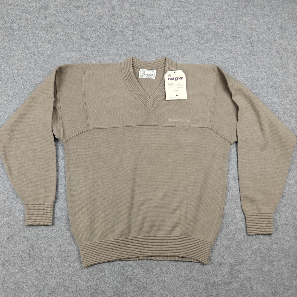 Ingo Sweater Mens Small Beige V-Neck Pullover Acrylic Wool Embroidered